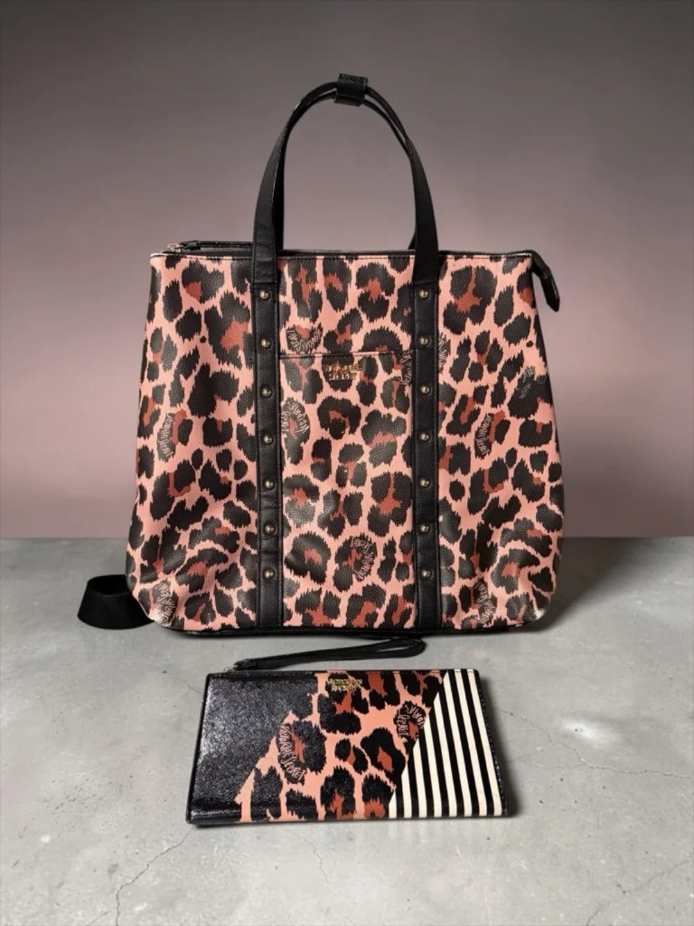 Victoria's Secret Leopard Print Convertible Backpack Wallet Wristlet Set
